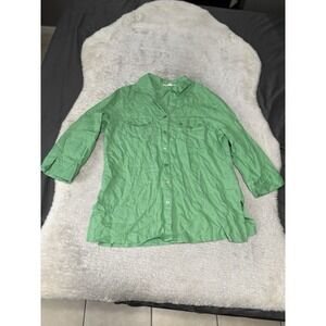 JM Collection Womens Green Linen Button Down Shirt‎ Size 14 Solid